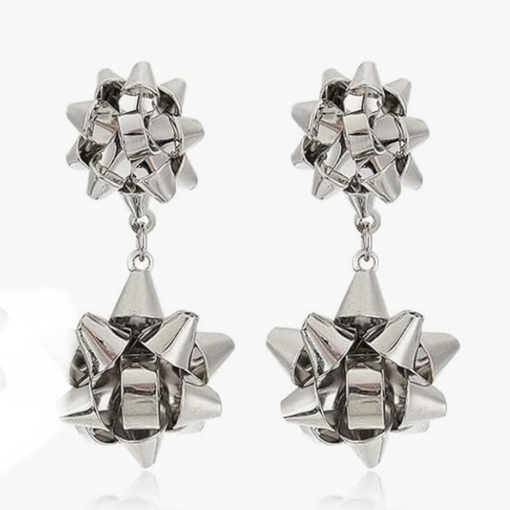 Christmas Bow Metal Earrings Silver